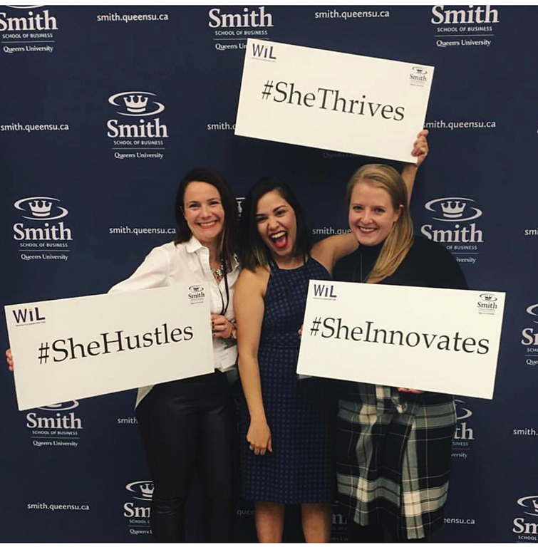 Queen’s MBA Women in Leadership club’s executive team members, Caroline Pollock, Patricia Biggers and Kathleen Boyd (all MBA’19s) during #SheHustles, Oct 26, at SmithToronto.